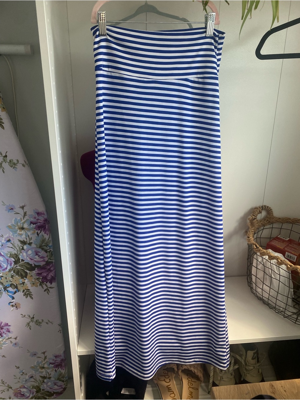 Blue and White Striped Stretchy Maxi Skirt